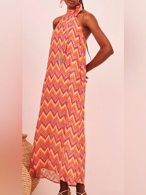 Nekane/NKN  ULLA Pink Chevron Maxi Dress with Halter Neck Medium